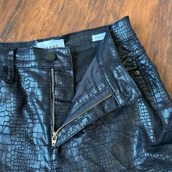 FRAME DENIM Hi-Rise Le Sylvie Slender Straight Jean in Coated Noir Croc - Picture 5 of 16